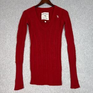 VTG Abercrombie & Fitch Red Y2K V Neck Cable Knit Sweater Size Medium